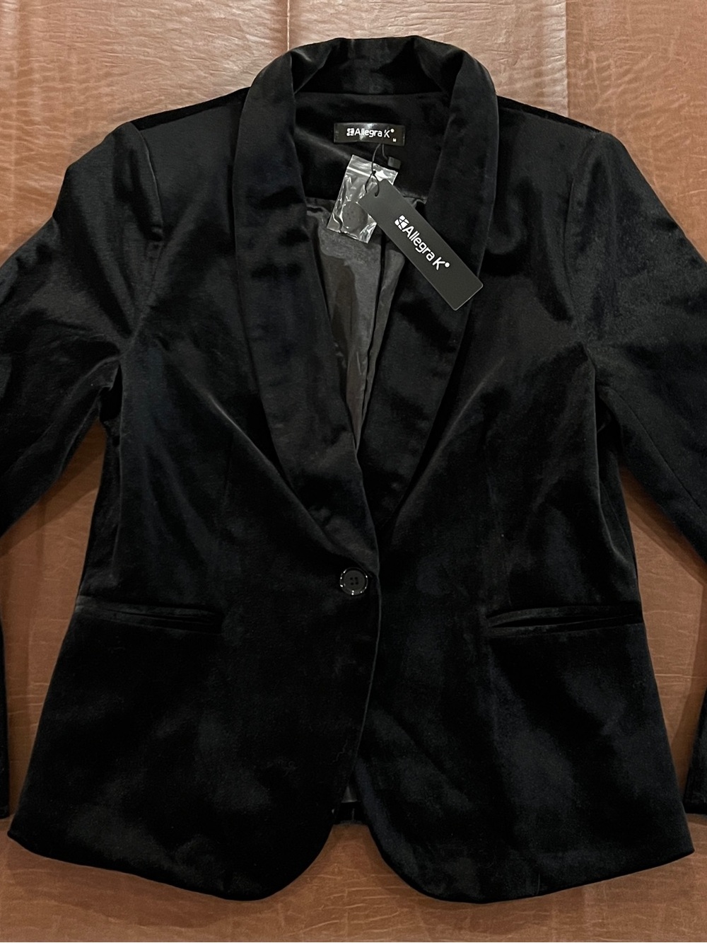 NWT Allegra-K Solid Shawl Collar Single Button Velvet Blazer Black - Med